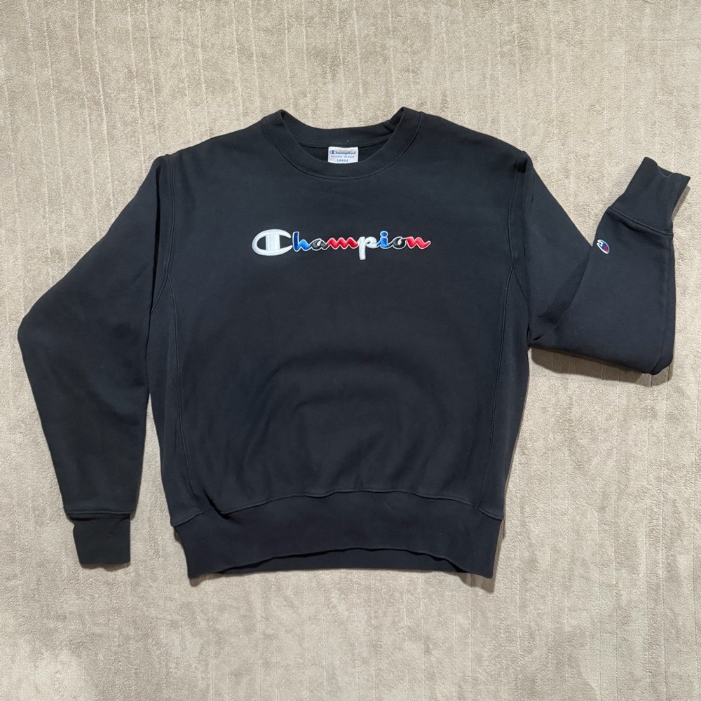 Vintage Champion Reverse Weave Men's Black Crewneck Sweatshirt Spell Out Large